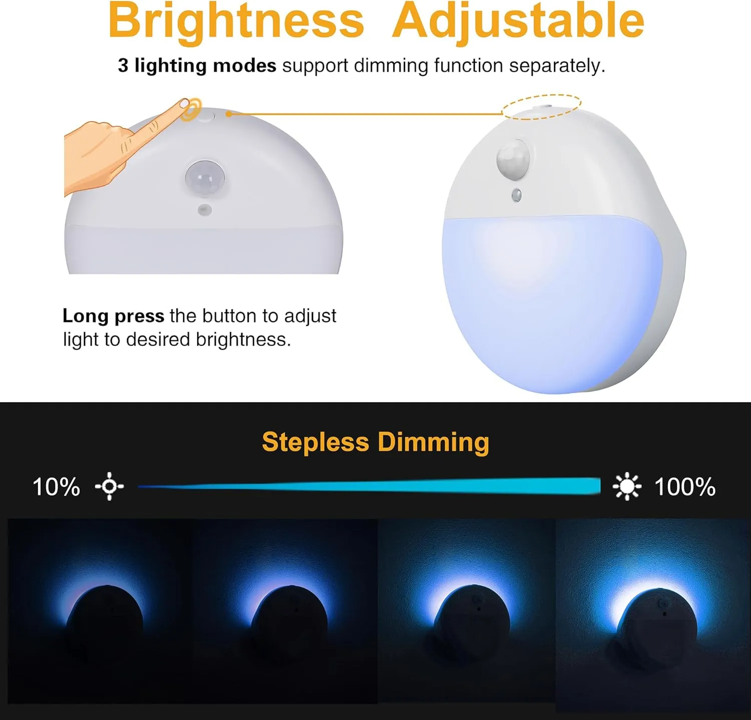 2 Pack Motion Sensor Night Light, 3 Lighting Modes, Battery-Powered Wardrobe Lights, Stick-Anywhere, Stepless Dimming, Azure Nightlight for Stairs, Bathroom, Bedroom, Hallway