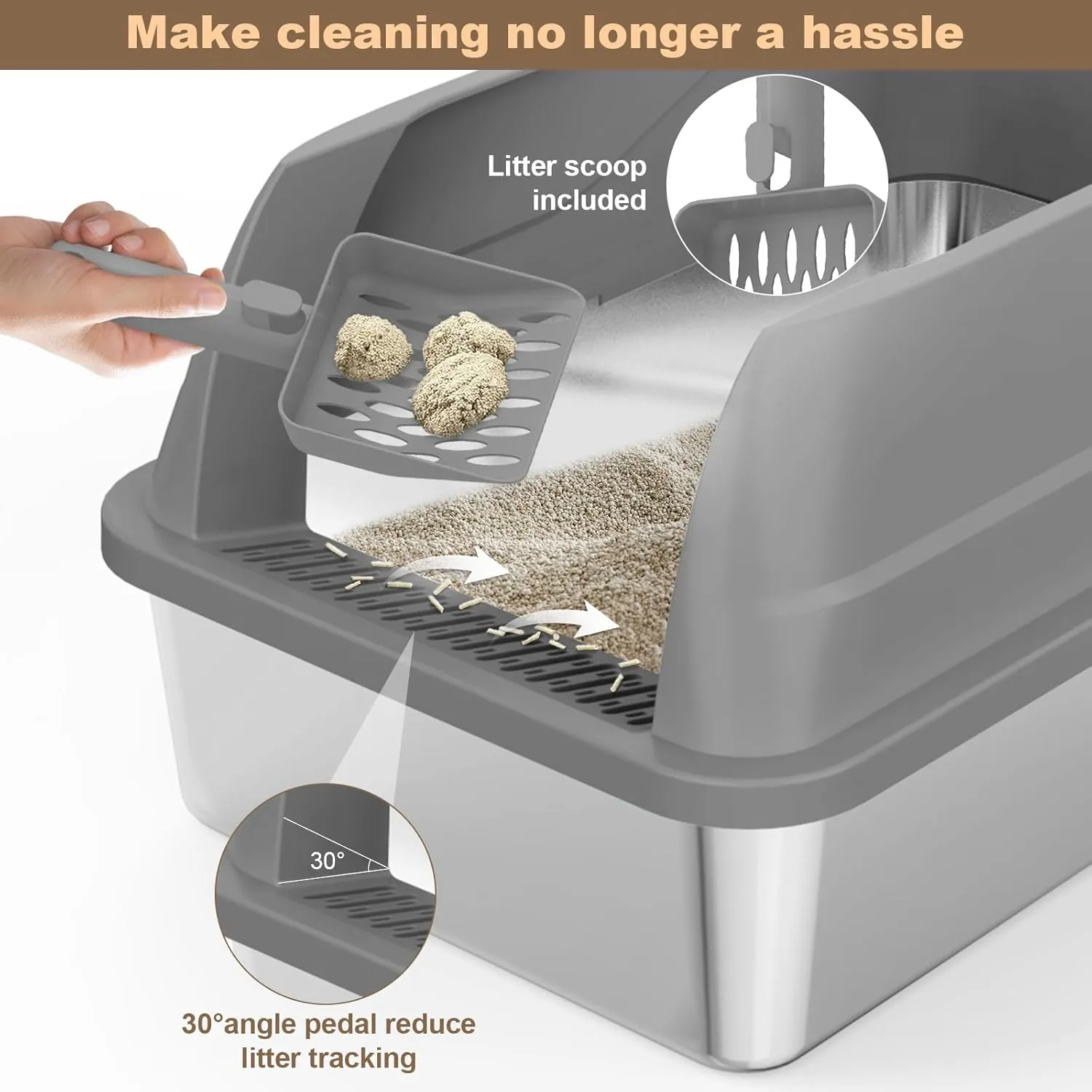 2 Pack Stainless Steel Cat Litter Box, Extra Large Steel Litter Boxes for Big Cats, XL Metal Cat Litter Box with Lid,Anti-Urine Leakage, Non-Sticky, Include Litter Scoops