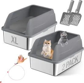 2 Pack Stainless Steel Cat Litter Box, Extra Large Steel Litter Boxes for Big Cats, XL Metal Cat Litter Box with Lid,Anti-Urine Leakage, Non-Sticky, Include Litter Scoops