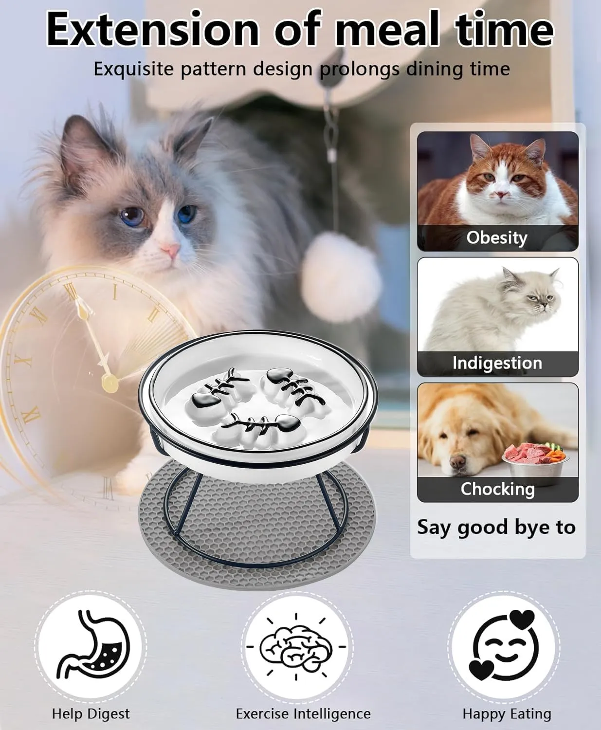 2PCS Raised Cat Bowl - Improved Design, Elevated Puzzle Feeder, Anti Vomit & Obesity Prevention, Slow Down Eating Speed