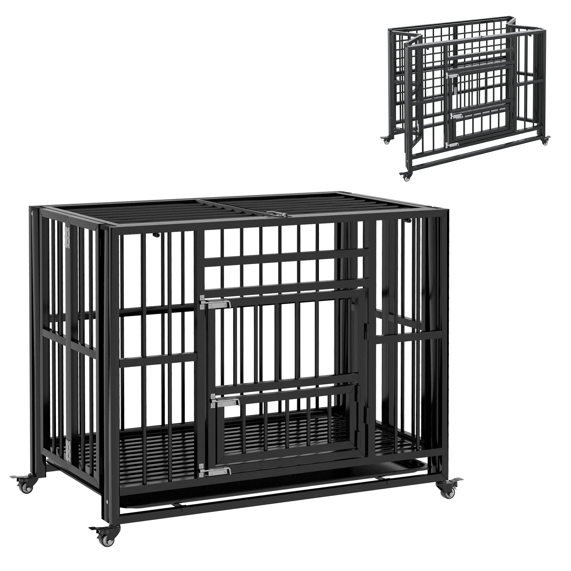 37" Heavy Duty Dog Crate, Foldable Dog Cage, with Openable Top, Locks, Removable Tray, Wheels - Black
