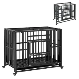 37" Heavy Duty Dog Crate, Foldable Dog Cage, with Openable Top, Locks, Removable Tray, Wheels - Black