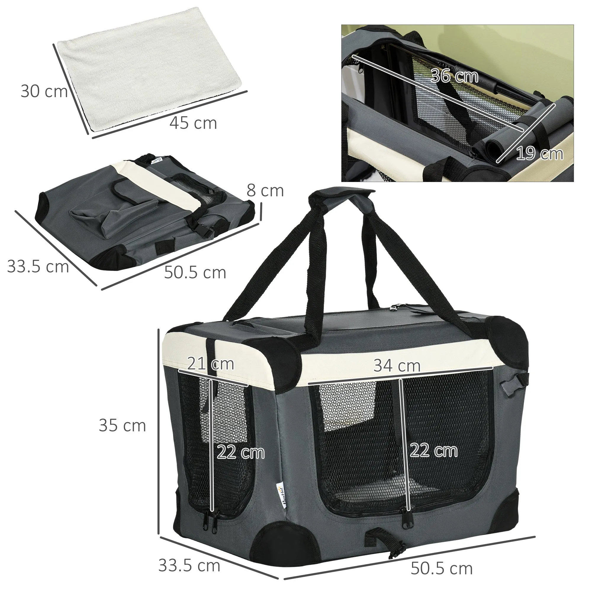 51cm Foldable Pet Carrier, with Cushion, for Mini Dogs and Cats - Grey