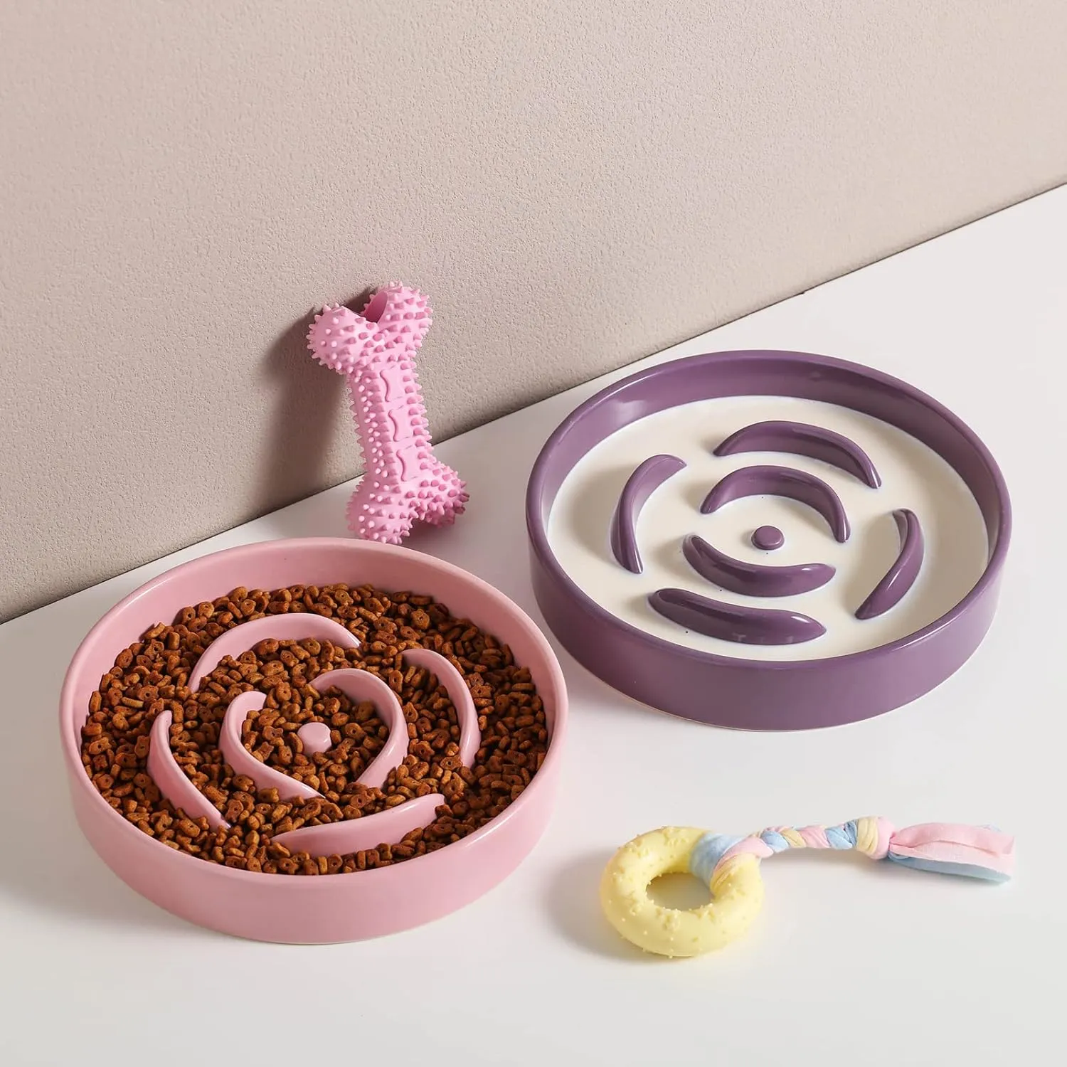 8.66 in Pink Ceramic Slow Feeder Dog Bowl for Medium and Large Breed - Heavy Weighted Puzzle Feeding Dish for Fast Eaters, Modern Maze Design