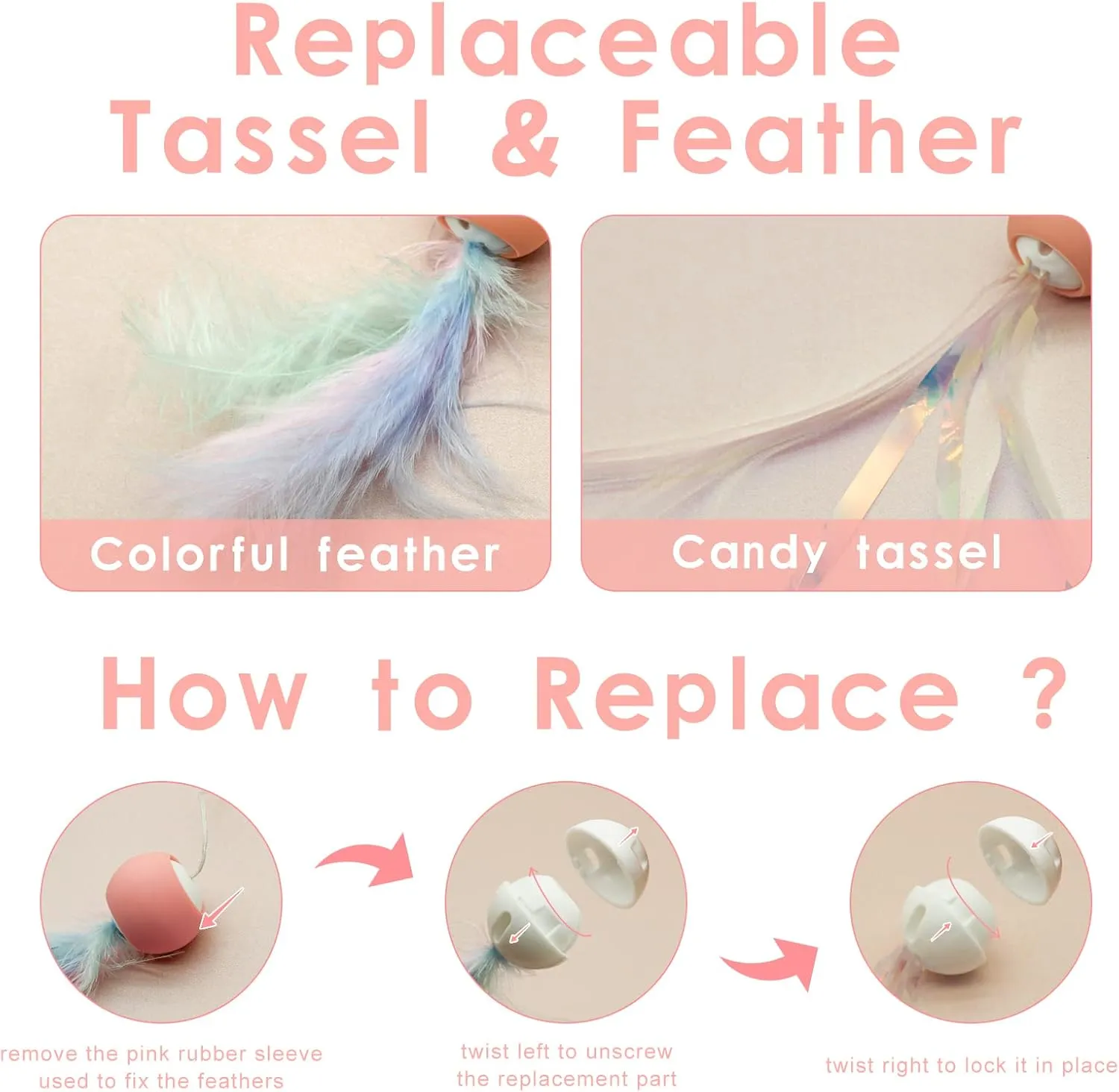Andiker Cat Teaser Stick, Retractable Cat Wand with Replacement Head, Cat Feather Toy, Cat Interactive Toy for Indoor Cats for Relief Boredom and Exercise (Tassels Feather)