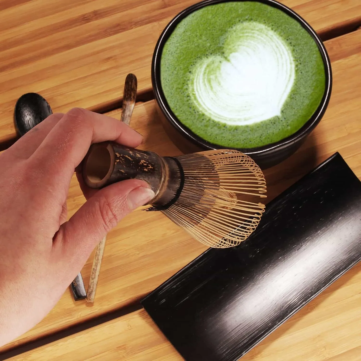 BambooMN Brand - Matcha Green Tea Whisk Set - Whisk   Scoop   Tea Spoon   Black Whisk Holder