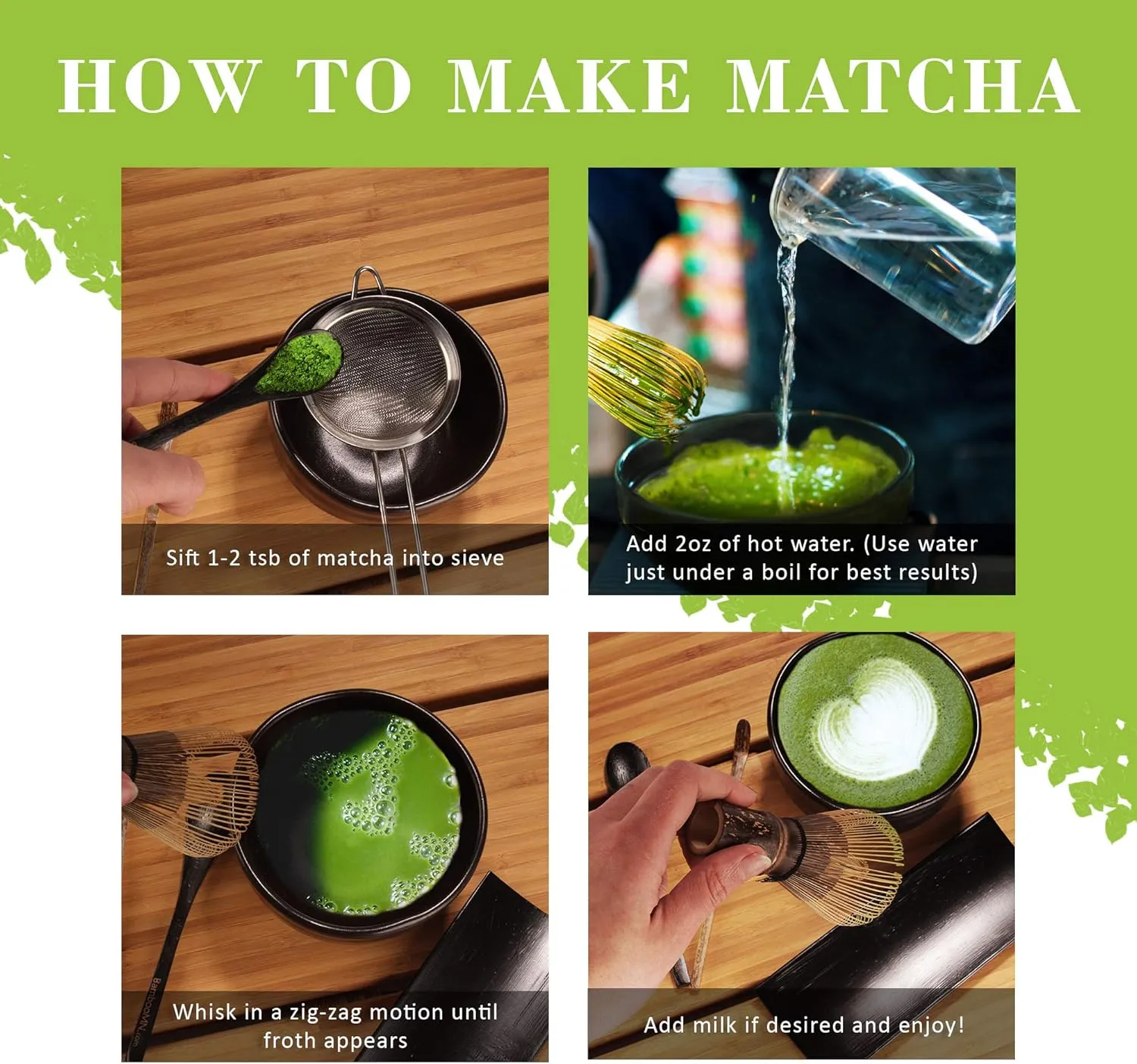 BambooMN Brand - Matcha Green Tea Whisk Set - Whisk   Scoop   Tea Spoon   Black Whisk Holder