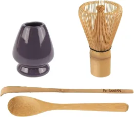 BambooMN Brand - Matcha Green Tea Whisk Set - Whisk   Scoop   Tea Spoon   Black Whisk Holder