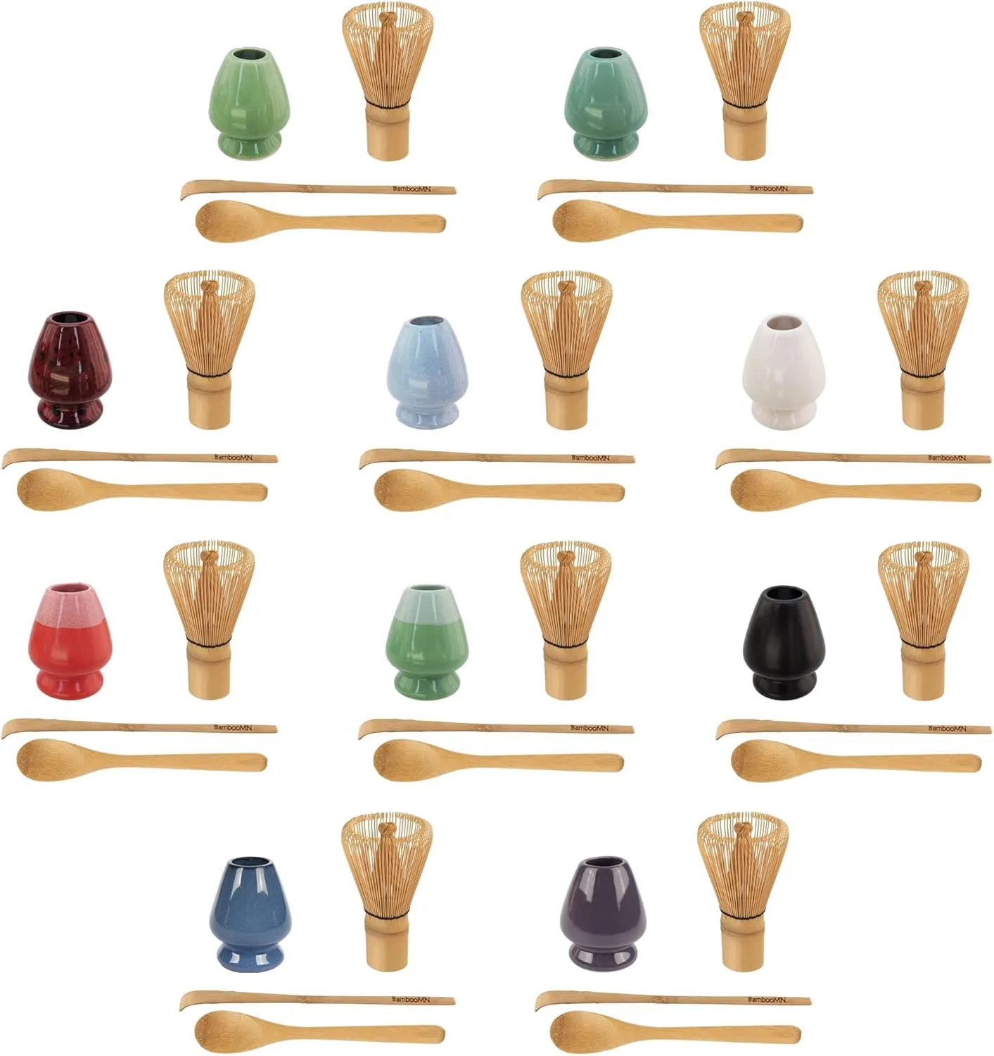 BambooMN Brand - Matcha Green Tea Whisk Set - Whisk   Scoop   Tea Spoon   Black Whisk Holder