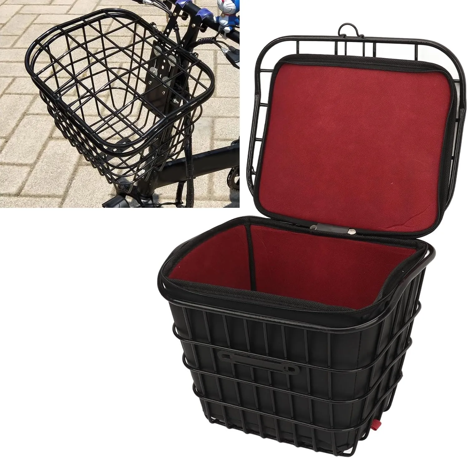 Bike Basket Front Rear Folding Electric Bike Basket Metal Bike Front Basket with Removable Liner Bag Universal Hanging Scooter Basket with Waterproof Inner Bag for Mountain Bike Men and Women Bicycle