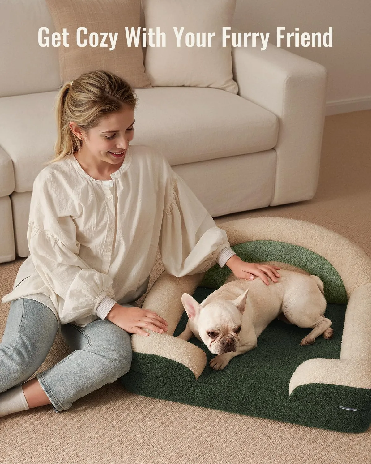 Blissful Diary Foam Dog Bed Medium Size, Pet Sofa with Washable Cover and Waterproof Liner, Soft Teddy Plush with Rainbow Design (Green)