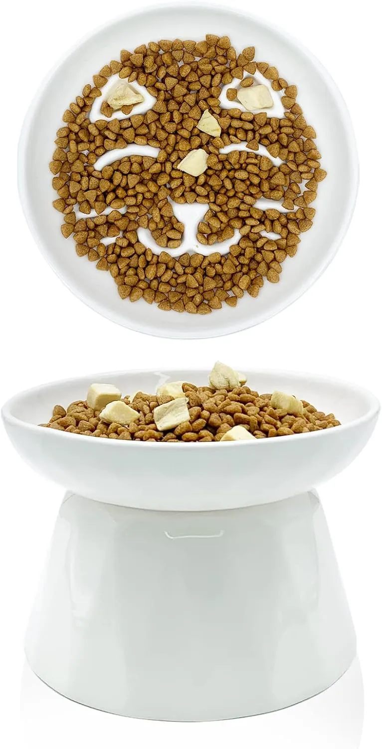 BNOSDM Raised Cat Slow Feeder Bowl Elevated Shallow Cat Dish Whisker Fatigue Slow Eating Bowls Cute Wet Food Puzzle Bowls for Indoor Small Cats Kitten