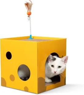 Cardboard Cat House for Indoor Cats, 2-Story Condo with Hiding Spot, 2 Extra Thick Cardboard Scratching Pads and Feather Toy - Great Corner Hideout Fun for Kitties, Bunny, Guinea Pig, Rabbit, Ferret