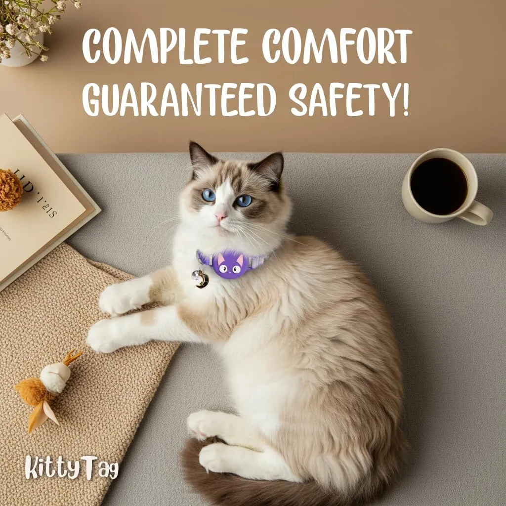 Cat Collar with Airtag Holder, Breakaway Air Tag Collar for Apple airTag, Reflective & Luminous Design, Waterproof GPS Tracker for Cats and Kittens, Adjustabale, Includes Bell, Purple (9-12")