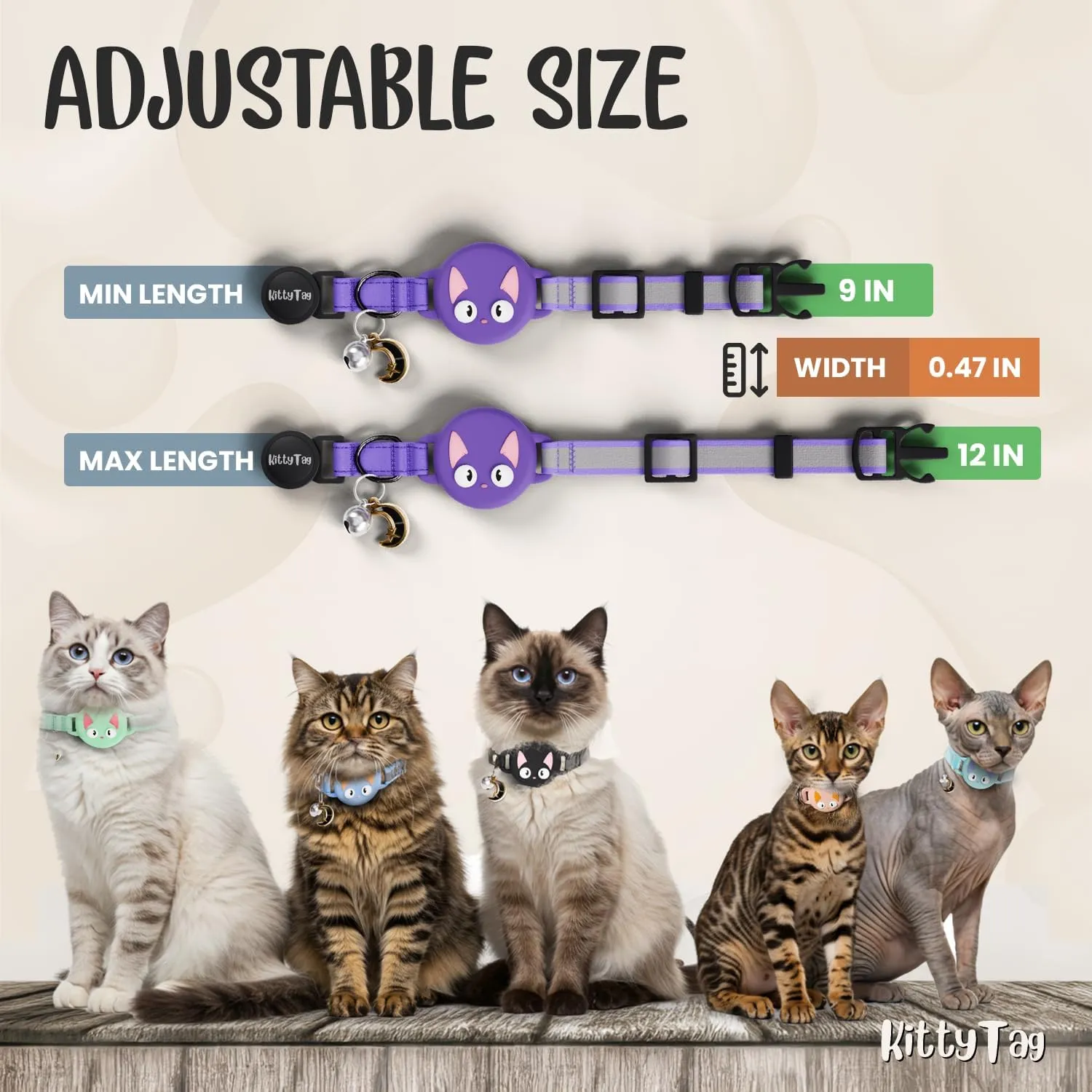 Cat Collar with Airtag Holder, Breakaway Air Tag Collar for Apple airTag, Reflective & Luminous Design, Waterproof GPS Tracker for Cats and Kittens, Adjustabale, Includes Bell, Purple (9-12")