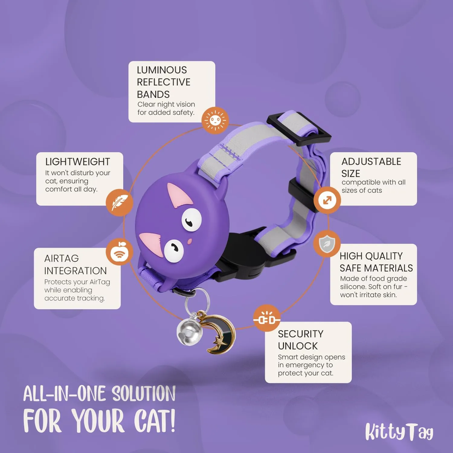 Cat Collar with Airtag Holder, Breakaway Air Tag Collar for Apple airTag, Reflective & Luminous Design, Waterproof GPS Tracker for Cats and Kittens, Adjustabale, Includes Bell, Purple (9-12")