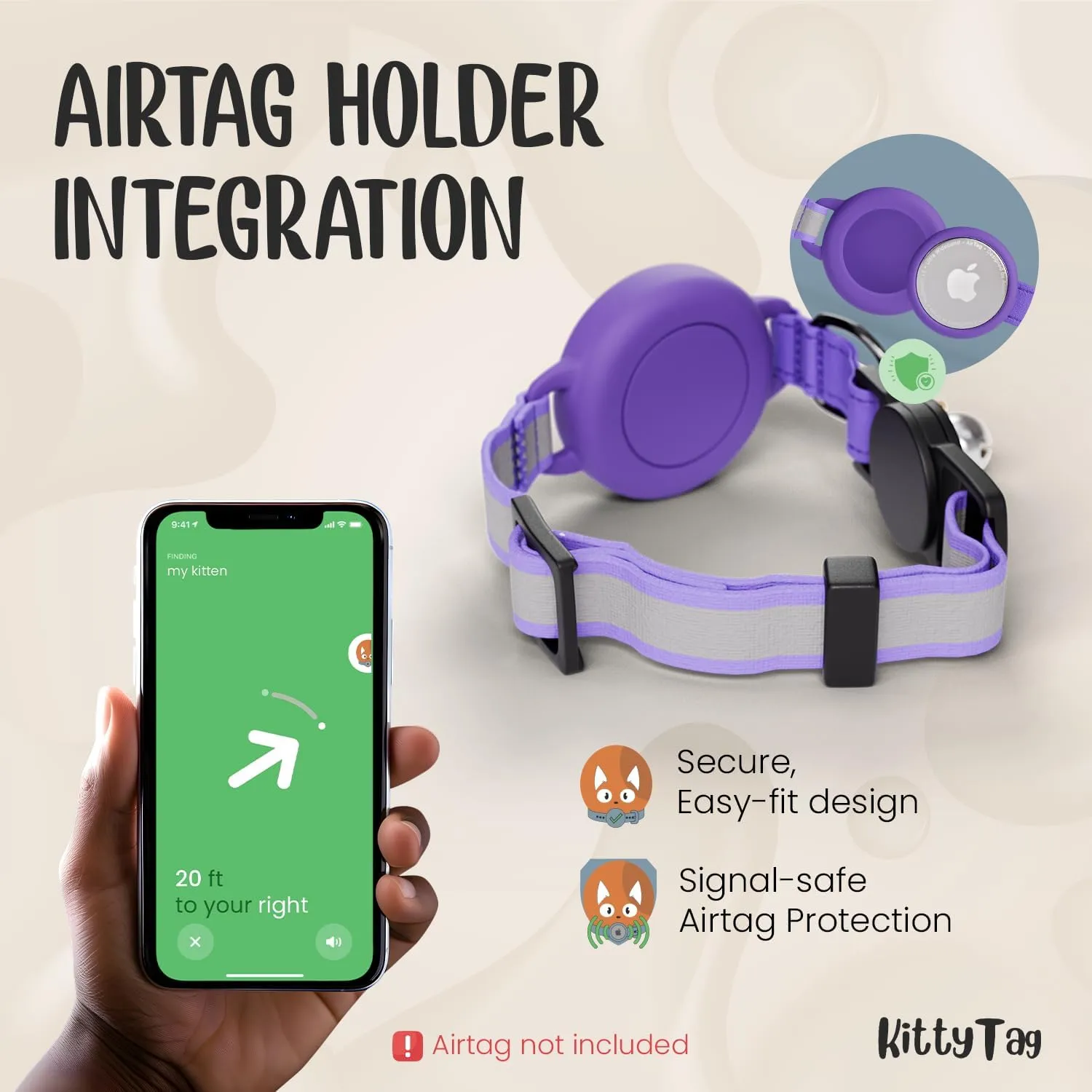 Cat Collar with Airtag Holder, Breakaway Air Tag Collar for Apple airTag, Reflective & Luminous Design, Waterproof GPS Tracker for Cats and Kittens, Adjustabale, Includes Bell, Purple (9-12")