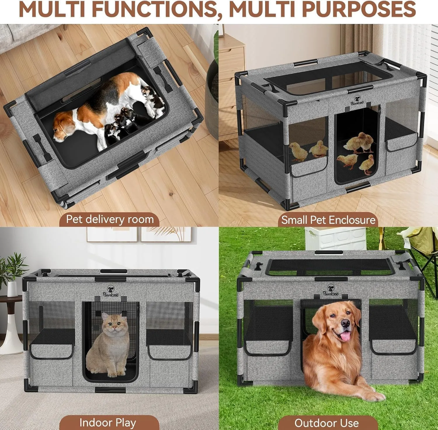 Cat Dog Playpen, Fabric Mesh Dog Fence, Large Soft Dog Cat Kennel Crate,Breathable Exercise Pet Play Pen for Dogs,PVC Pipe Frame,Indoor Outdoor Pet Fence Cage for Small Animals, M, Gray & Black
