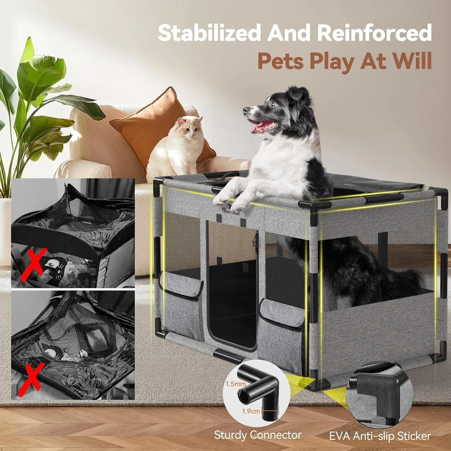 Cat Dog Playpen, Fabric Mesh Dog Fence, Large Soft Dog Cat Kennel Crate,Breathable Exercise Pet Play Pen for Dogs,PVC Pipe Frame,Indoor Outdoor Pet Fence Cage for Small Animals, M, Gray & Black