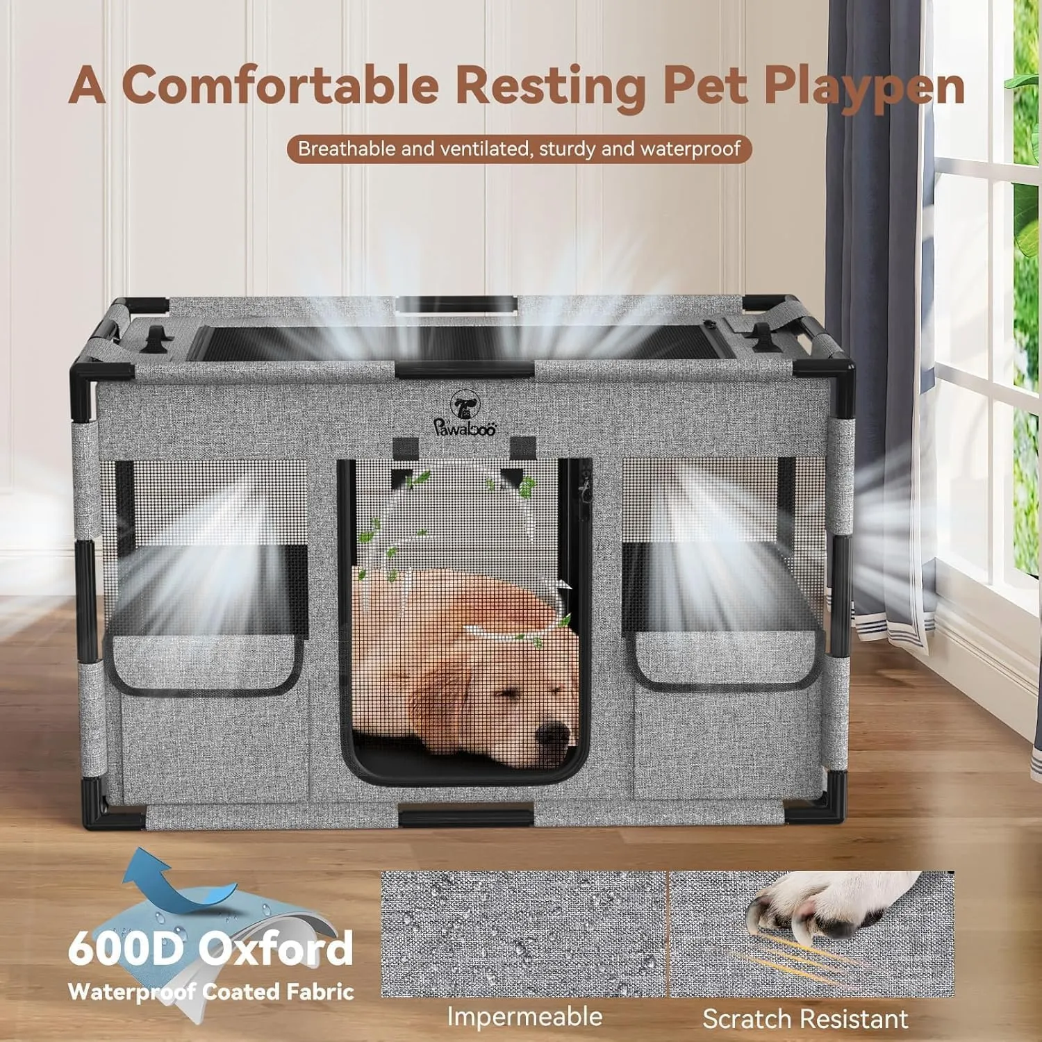 Cat Dog Playpen, Fabric Mesh Dog Fence, Large Soft Dog Cat Kennel Crate,Breathable Exercise Pet Play Pen for Dogs,PVC Pipe Frame,Indoor Outdoor Pet Fence Cage for Small Animals, M, Gray & Black