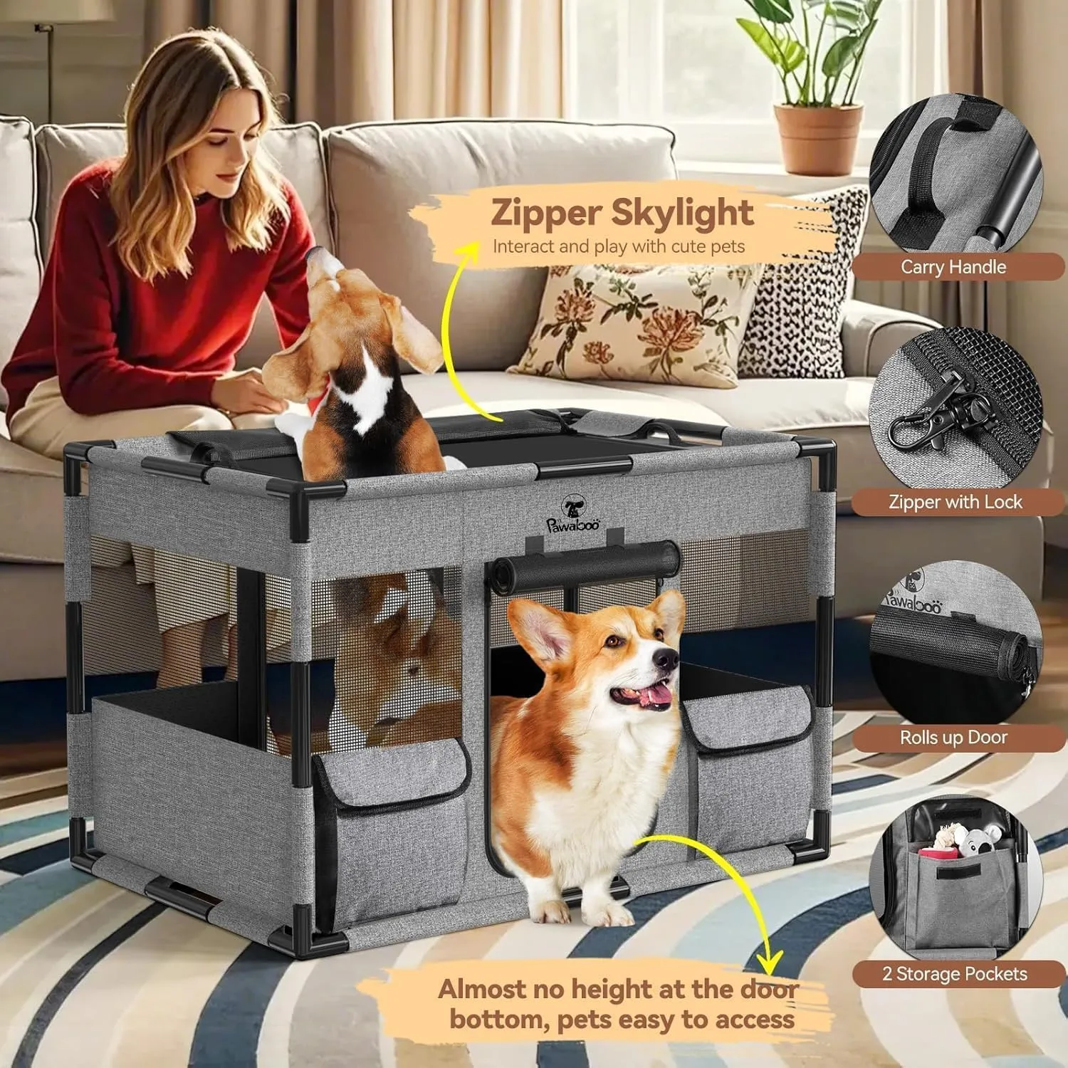 Cat Dog Playpen, Fabric Mesh Dog Fence, Large Soft Dog Cat Kennel Crate,Breathable Exercise Pet Play Pen for Dogs,PVC Pipe Frame,Indoor Outdoor Pet Fence Cage for Small Animals, M, Gray & Black