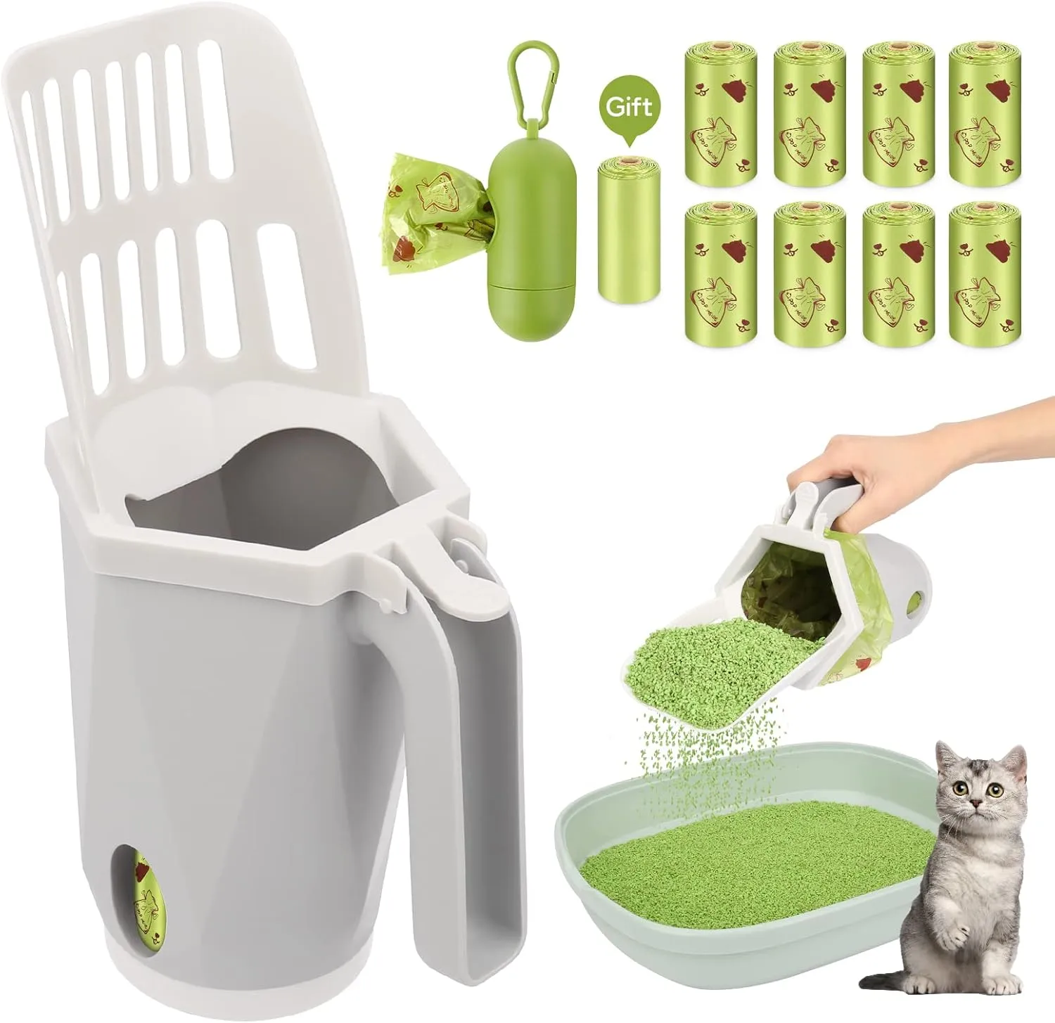 Cat Litter Scooper with Holder, Upgraded Cat Litter Shovel with Holder and Waste Can, Cat Scooper with Extra 135 Count Litter Waste Bags, Portable Litter Shovel