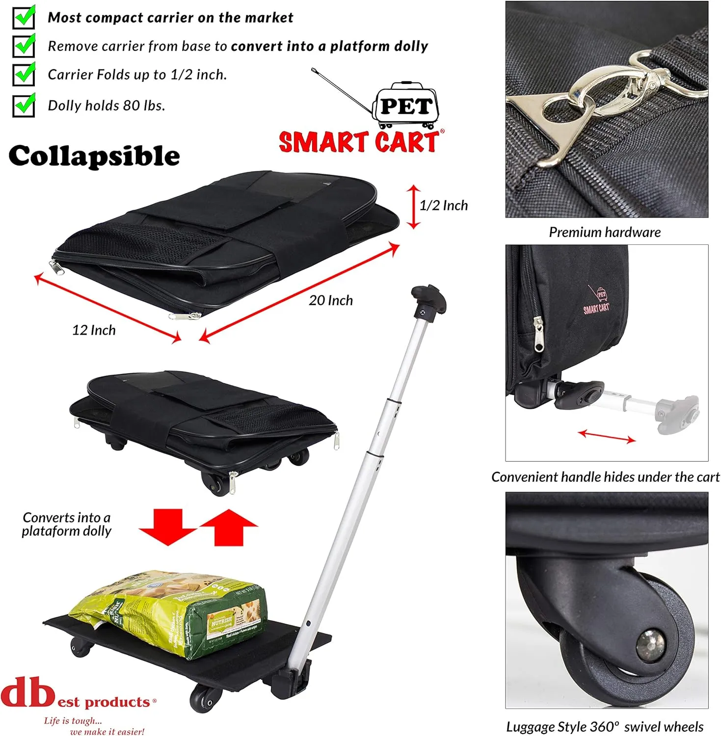 dbest products Pet Smart Cart, Large, Black, Rolling Carrier with wheels soft sided collapsible Folding Travel Bag, Dog Cat Airline Approved Tote Luggage backpack