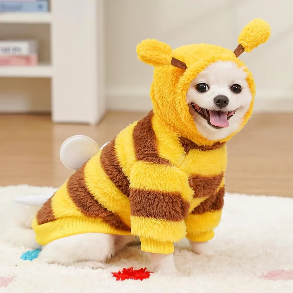 Dog Bee Costume Funny Pet Hoodies for Small Dogs Fleece Puppy Sweatshirt with D-Ring Winter Chihuahua Clothes Warm Cold Weather Coat Cute Halloween Cat Outfit (Yellow bee, Medium)