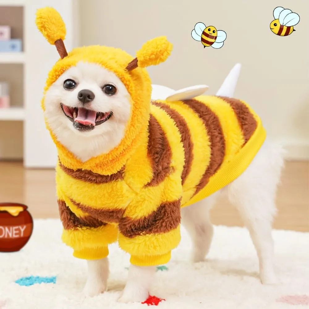 Dog Bee Costume Funny Pet Hoodies for Small Dogs Fleece Puppy Sweatshirt with D-Ring Winter Chihuahua Clothes Warm Cold Weather Coat Cute Halloween Cat Outfit (Yellow bee, Medium)