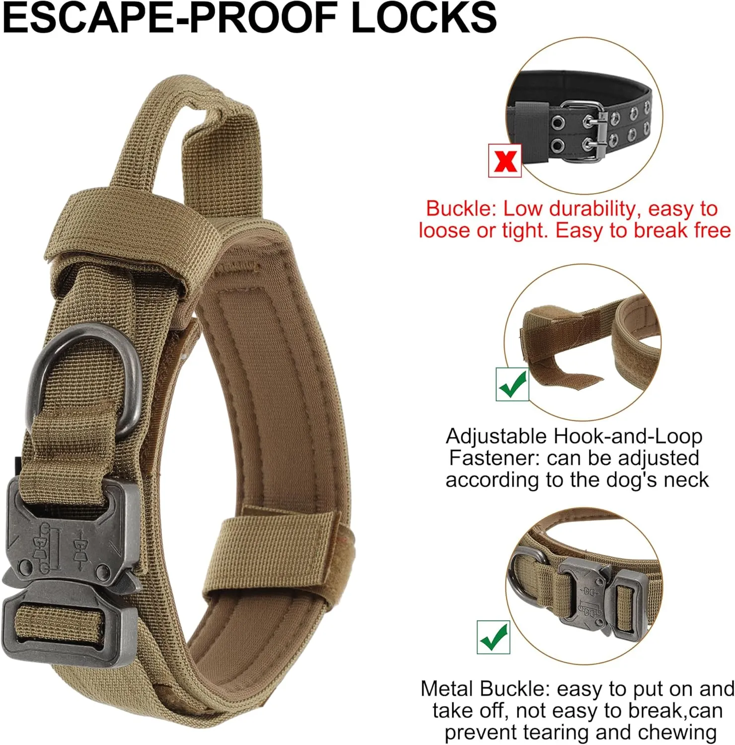 Dog Collar for Large Dogs, Adjustable Heavy Duty Collar with Handle, Tactical Design for Training and Outdoor Use, Large, Brown