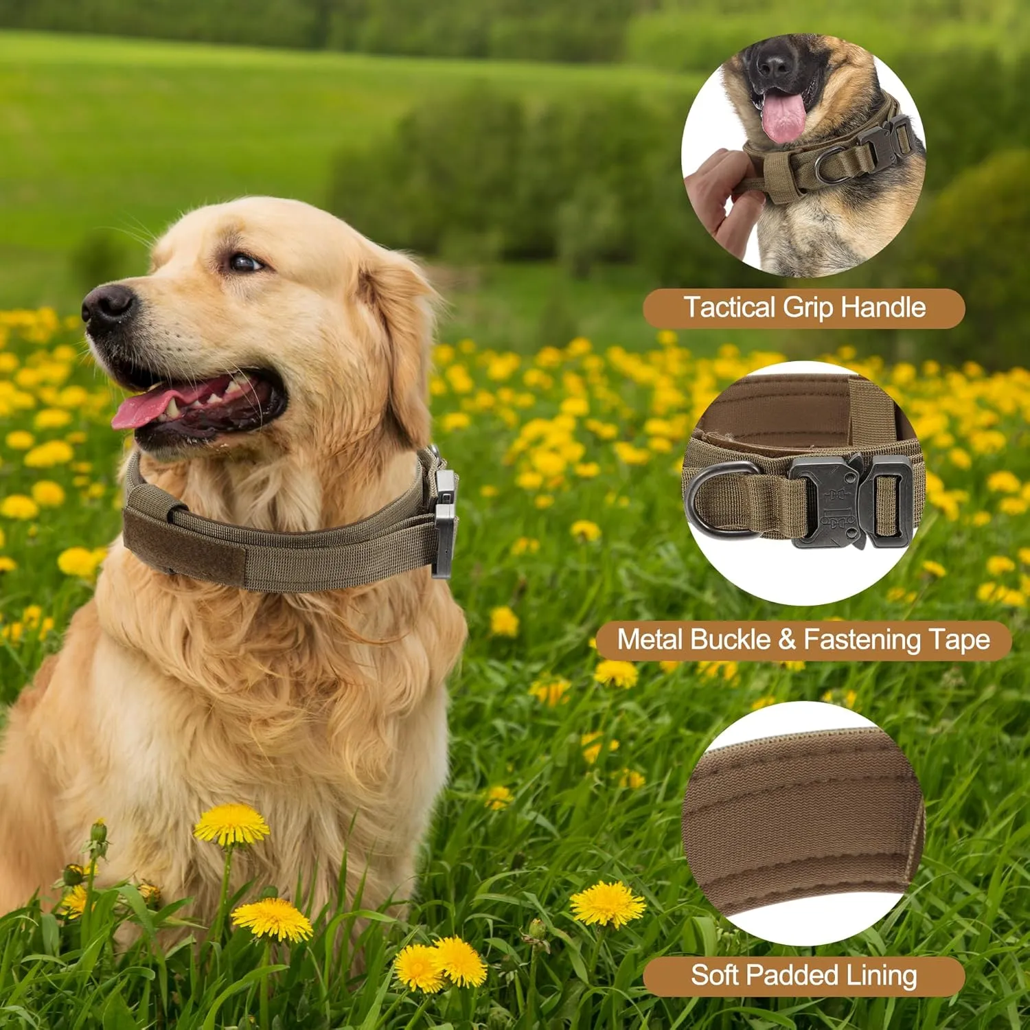 Dog Collar for Large Dogs, Adjustable Heavy Duty Collar with Handle, Tactical Design for Training and Outdoor Use, Large, Brown
