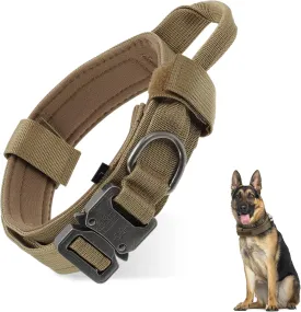 Dog Collar for Large Dogs, Adjustable Heavy Duty Collar with Handle, Tactical Design for Training and Outdoor Use, Large, Brown