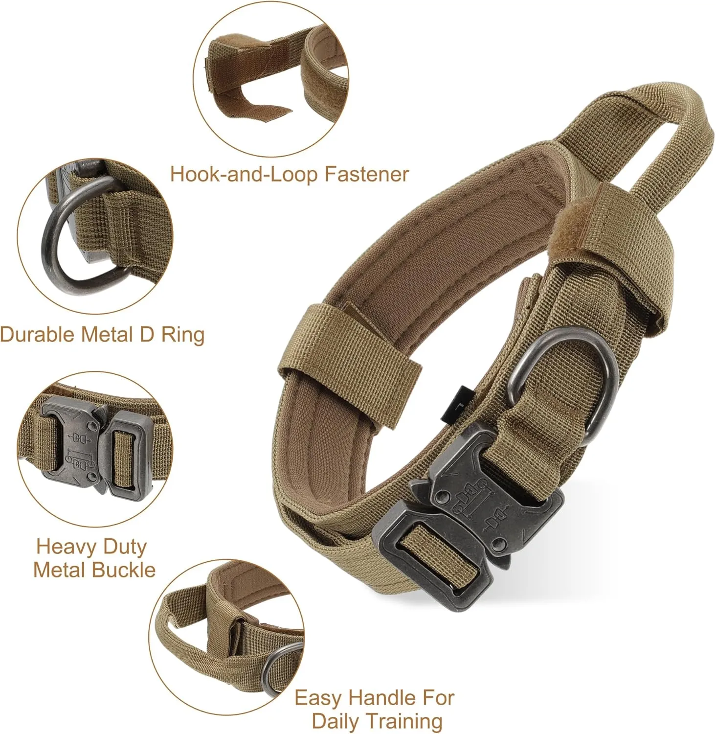 Dog Collar for Large Dogs, Adjustable Heavy Duty Collar with Handle, Tactical Design for Training and Outdoor Use, Large, Brown