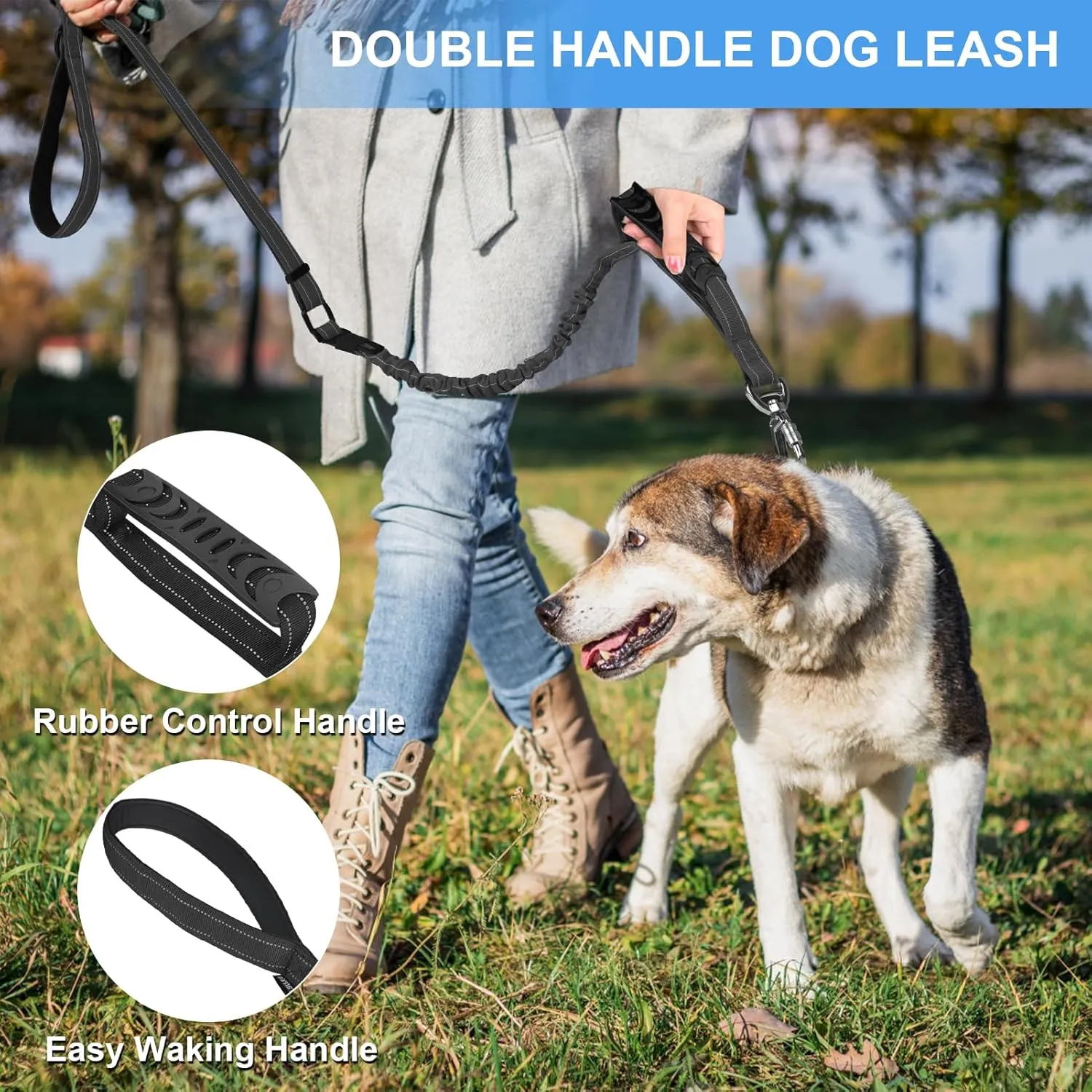 Dog Leash for Medium Large Dogs Heavy Duty 2 Pack, 4-6FT Reflective Tactical Dog Leash Shock Absorbing No Pull Bungee Lead with 2 Padded Handle Car Seatbelt Metal Carabiner Clip, Black Teal