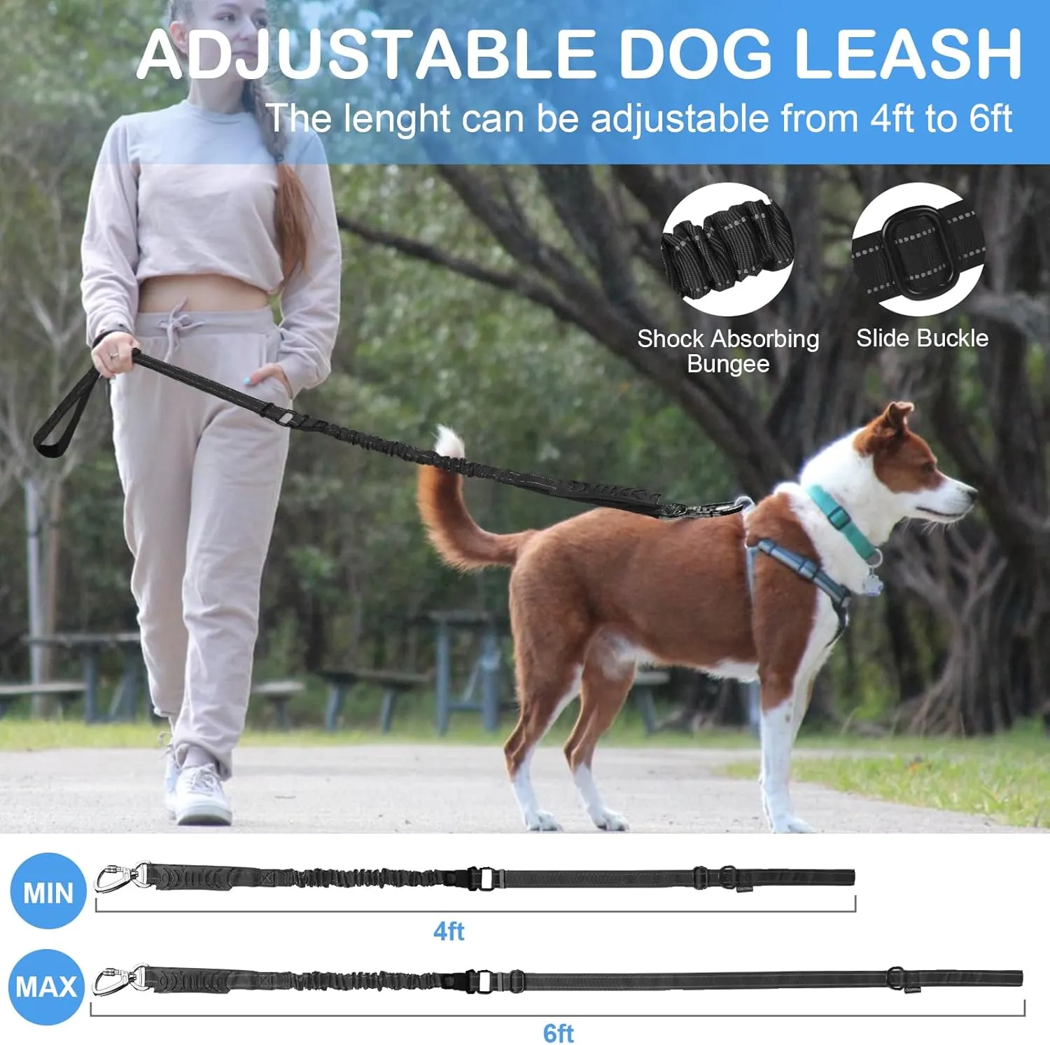 Dog Leash for Medium Large Dogs Heavy Duty 2 Pack, 4-6FT Reflective Tactical Dog Leash Shock Absorbing No Pull Bungee Lead with 2 Padded Handle Car Seatbelt Metal Carabiner Clip, Black Teal