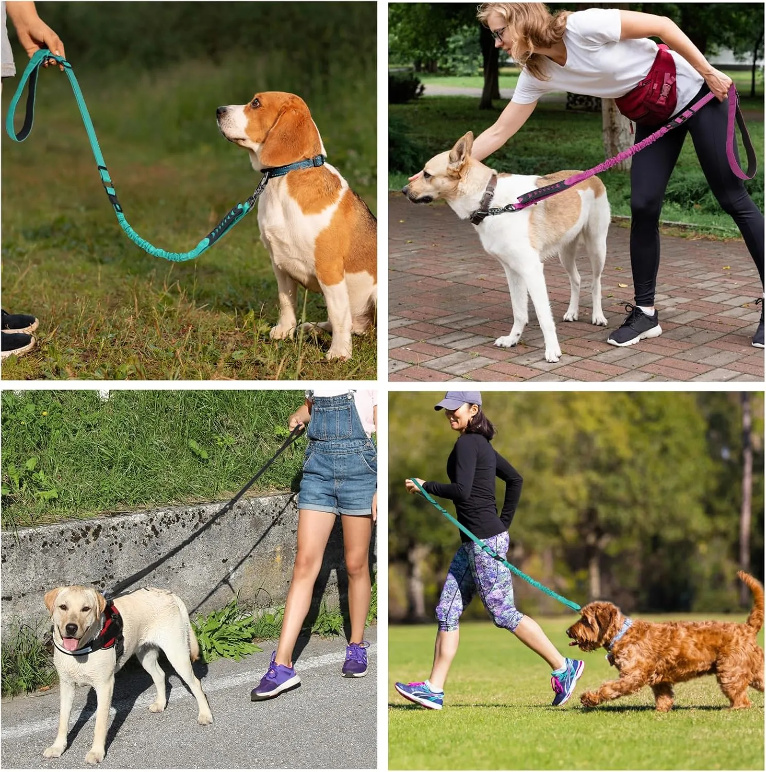 Dog Leash for Medium Large Dogs Heavy Duty 2 Pack, 4-6FT Reflective Tactical Dog Leash Shock Absorbing No Pull Bungee Lead with 2 Padded Handle Car Seatbelt Metal Carabiner Clip, Black Teal