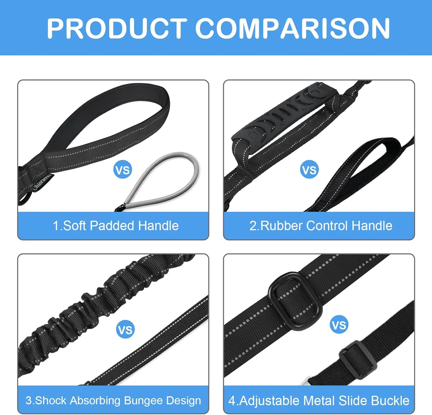 Dog Leash for Medium Large Dogs Heavy Duty 2 Pack, 4-6FT Reflective Tactical Dog Leash Shock Absorbing No Pull Bungee Lead with 2 Padded Handle Car Seatbelt Metal Carabiner Clip, Black Teal