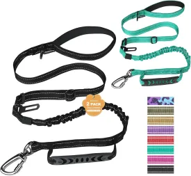 Dog Leash for Medium Large Dogs Heavy Duty 2 Pack, 4-6FT Reflective Tactical Dog Leash Shock Absorbing No Pull Bungee Lead with 2 Padded Handle Car Seatbelt Metal Carabiner Clip, Black Teal