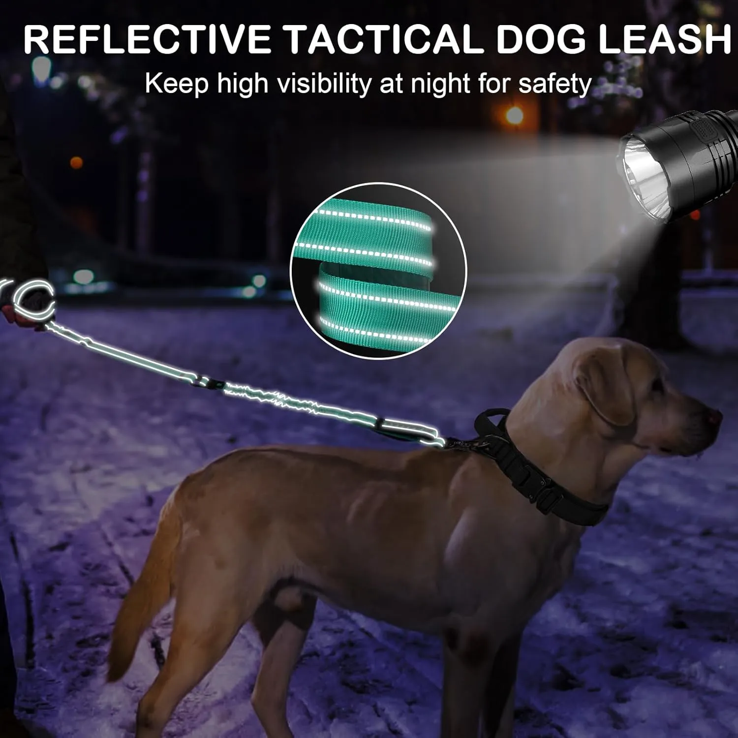 Dog Leash for Medium Large Dogs Heavy Duty 2 Pack, 4-6FT Reflective Tactical Dog Leash Shock Absorbing No Pull Bungee Lead with 2 Padded Handle Car Seatbelt Metal Carabiner Clip, Black Teal
