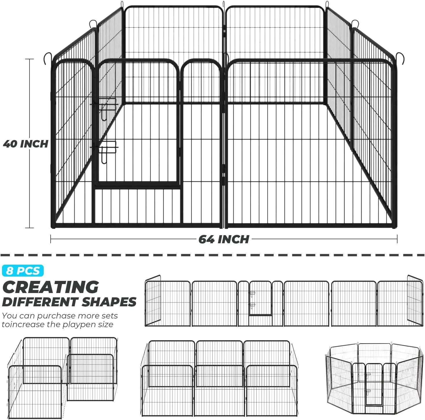 Dog Playpen, Pet Gate Puppy Playpen Large Dog Kennel Dog Fence 40 Inch Fence Exercise Pen Gate Foldable 8 Panels with Door Options Ideal for Pet Animals Outdoor Indoor (40 Inch)