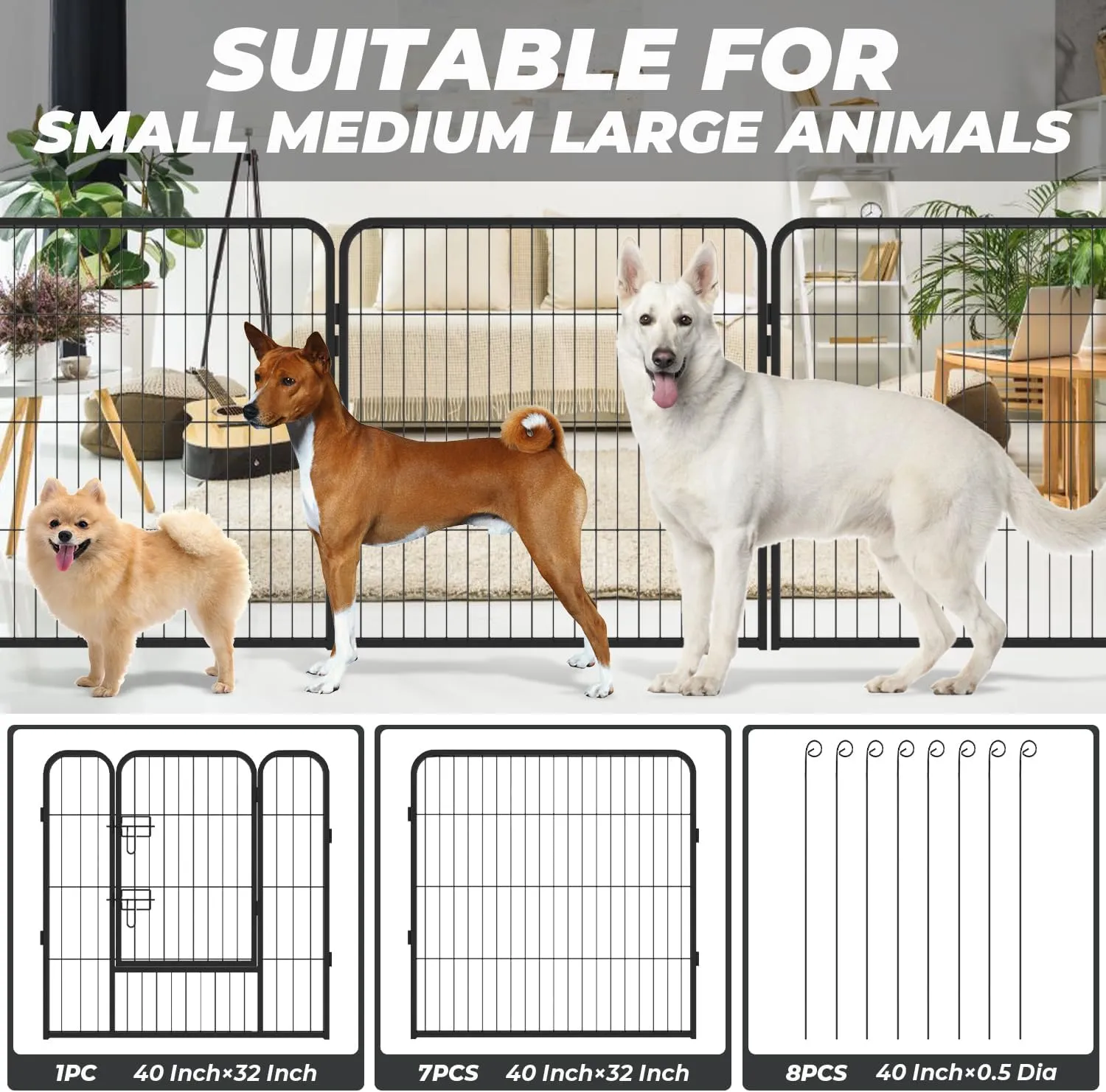 Dog Playpen, Pet Gate Puppy Playpen Large Dog Kennel Dog Fence 40 Inch Fence Exercise Pen Gate Foldable 8 Panels with Door Options Ideal for Pet Animals Outdoor Indoor (40 Inch)