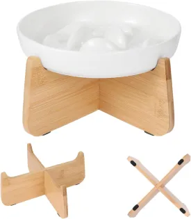 Elevated Ceramic Slow Feeder Cat Bowl with Fish Pool Design, High-Edged Anti-Vomiting Puzzle Feeder for Dry and Wet Food, Promoting Healthy Diet (White)