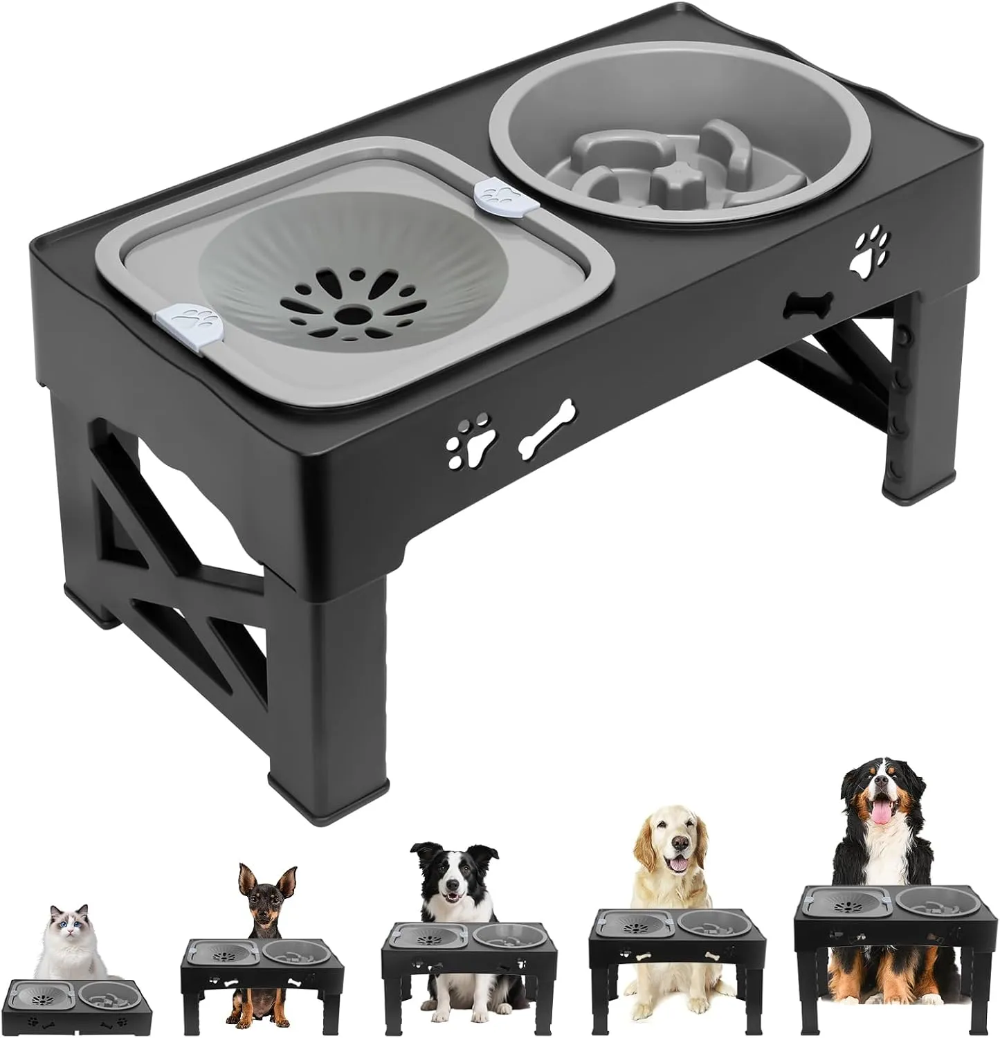 Elevated Slow Feeder Dog Bowls,with No Spill Dogs Water Bowl 5 Height Adjustable Raised Dog Bowl Food and Water Bowls with Stand for Small Medium Large Dogs,Cats and Pets