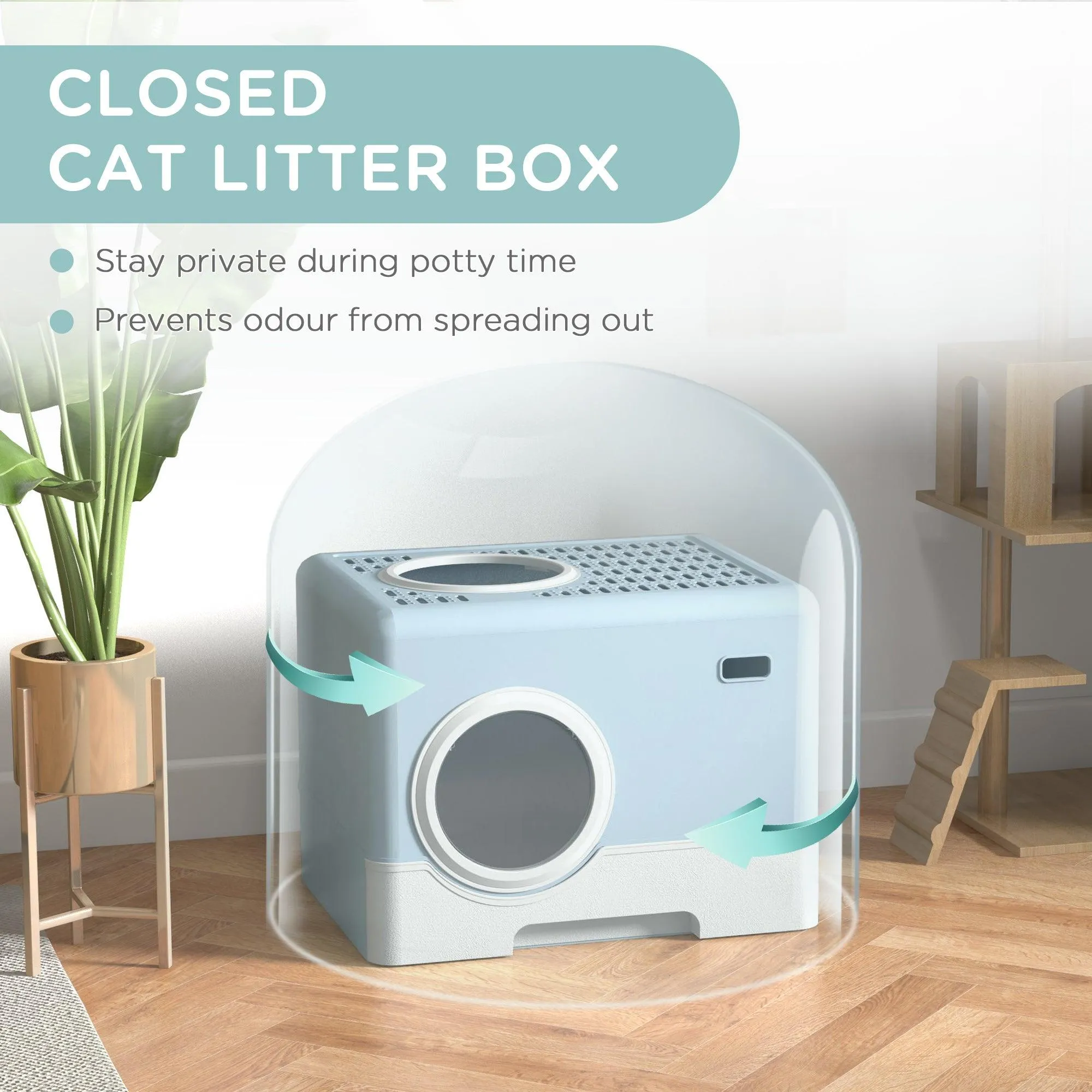 Enclosed Cat Litter Box with Front Entry & Scoop - Light Blue