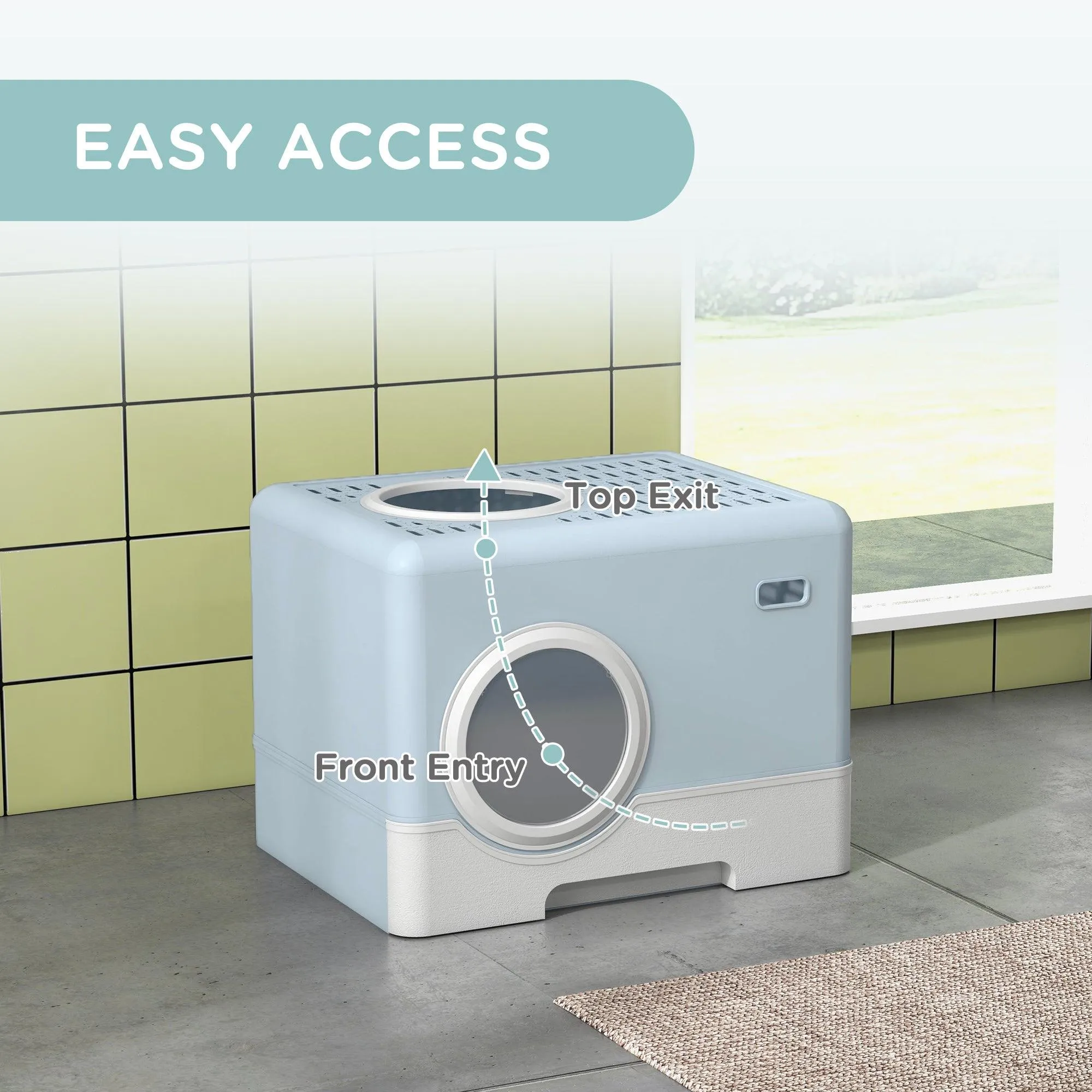 Enclosed Cat Litter Box with Front Entry & Scoop - Light Blue