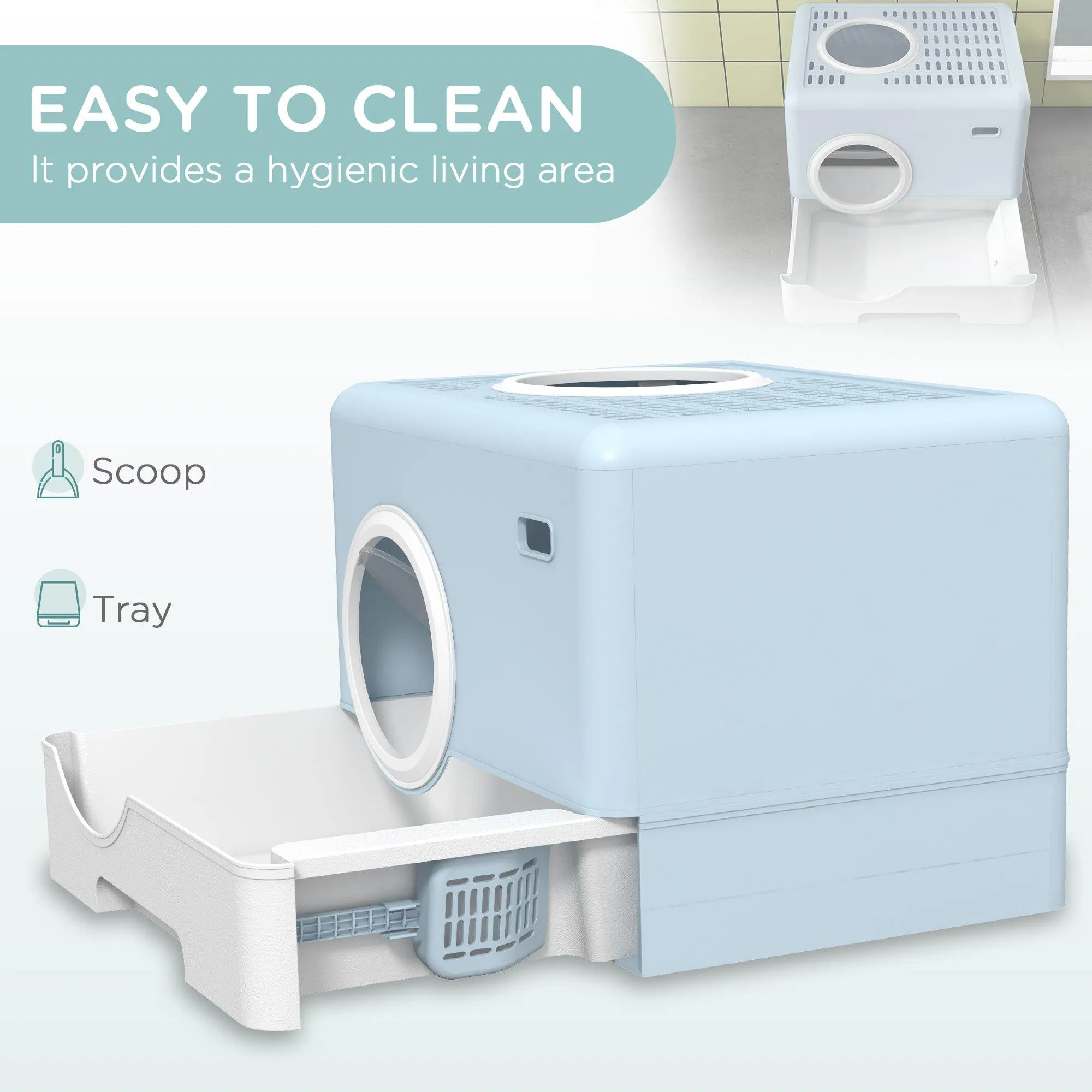 Enclosed Cat Litter Box with Front Entry & Scoop - Light Blue