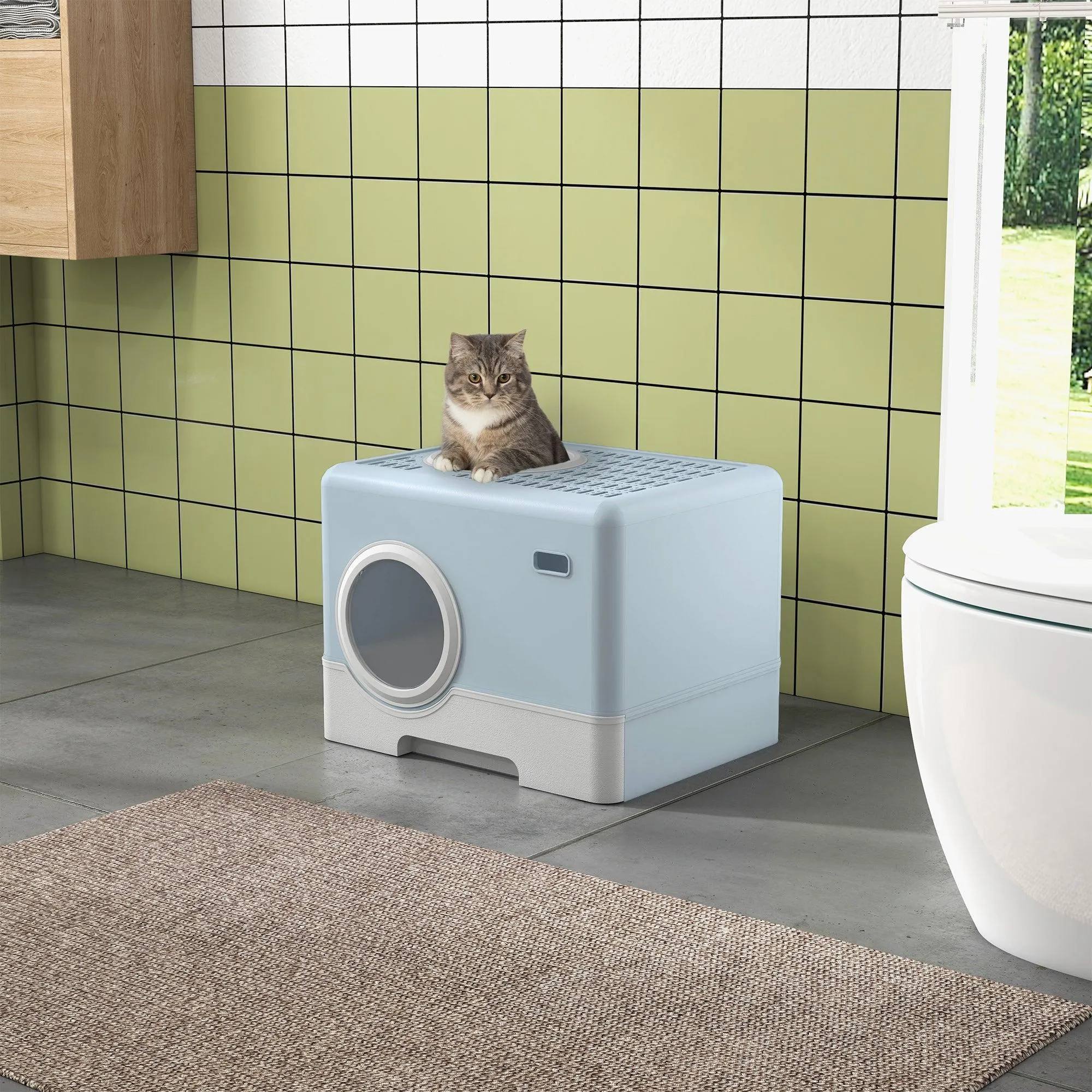 Enclosed Cat Litter Box with Front Entry & Scoop - Light Blue