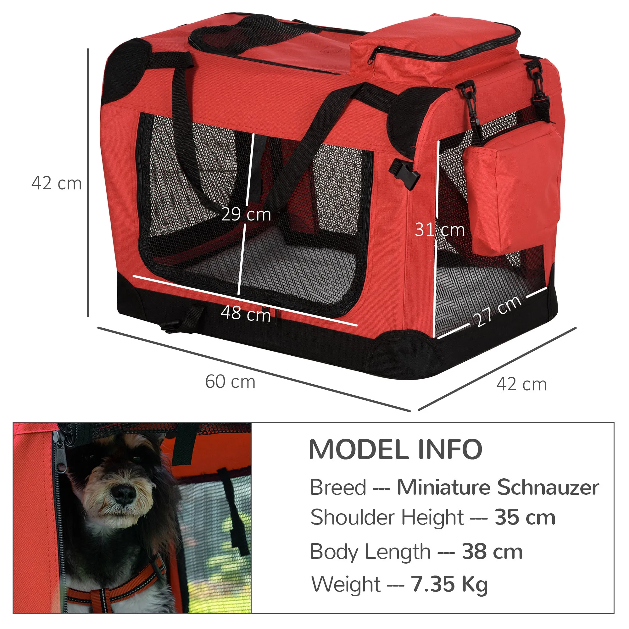 Foldable Pet Carrier for Small and Miniature Dogs, Portable Cat Carrier Soft Side Pet Travel Crate with Removable Mat, Storage Bags, Breathable Mesh Window 60 x 42 x 42cm - Red
