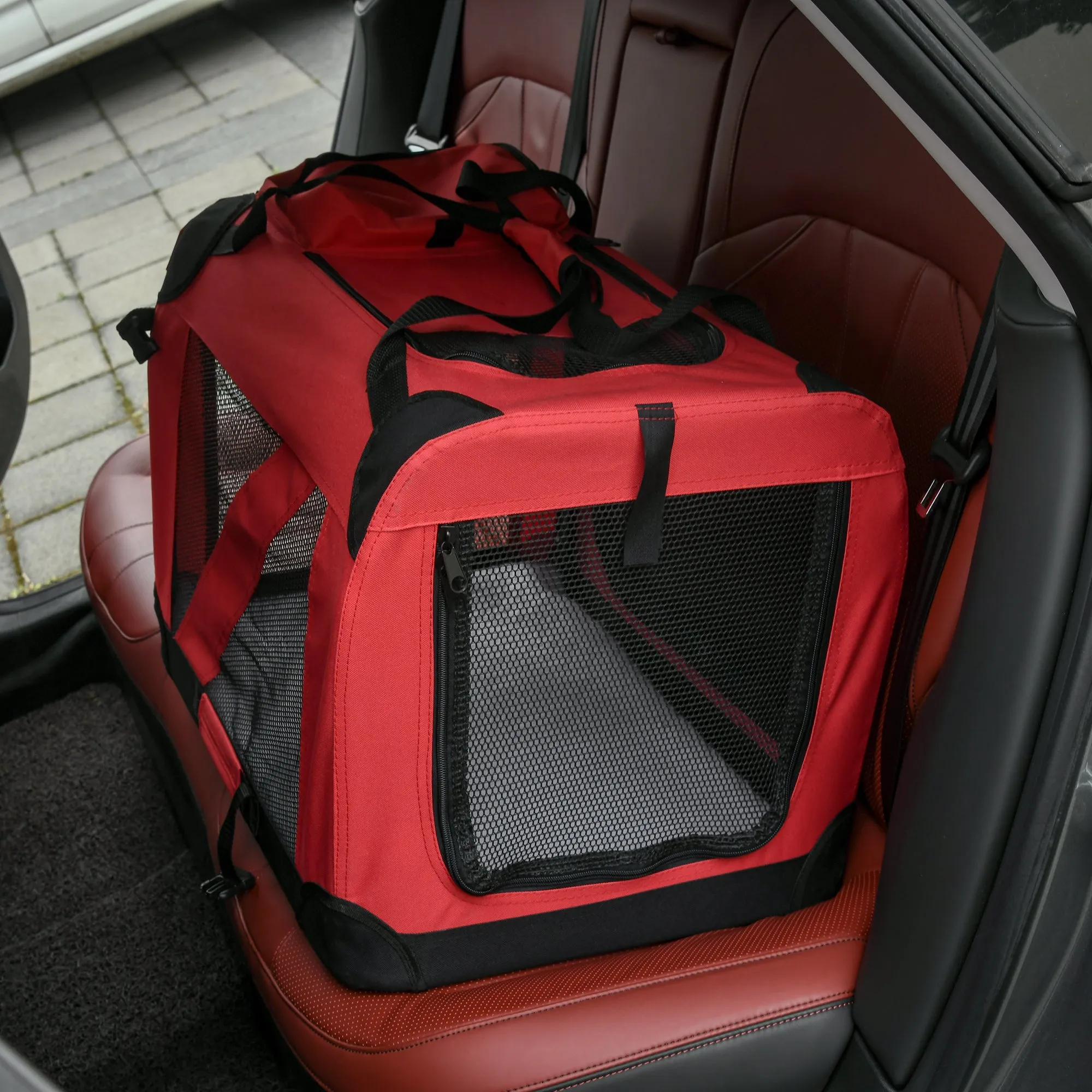 Foldable Pet Carrier for Small and Miniature Dogs, Portable Cat Carrier Soft Side Pet Travel Crate with Removable Mat, Storage Bags, Breathable Mesh Window 60 x 42 x 42cm - Red