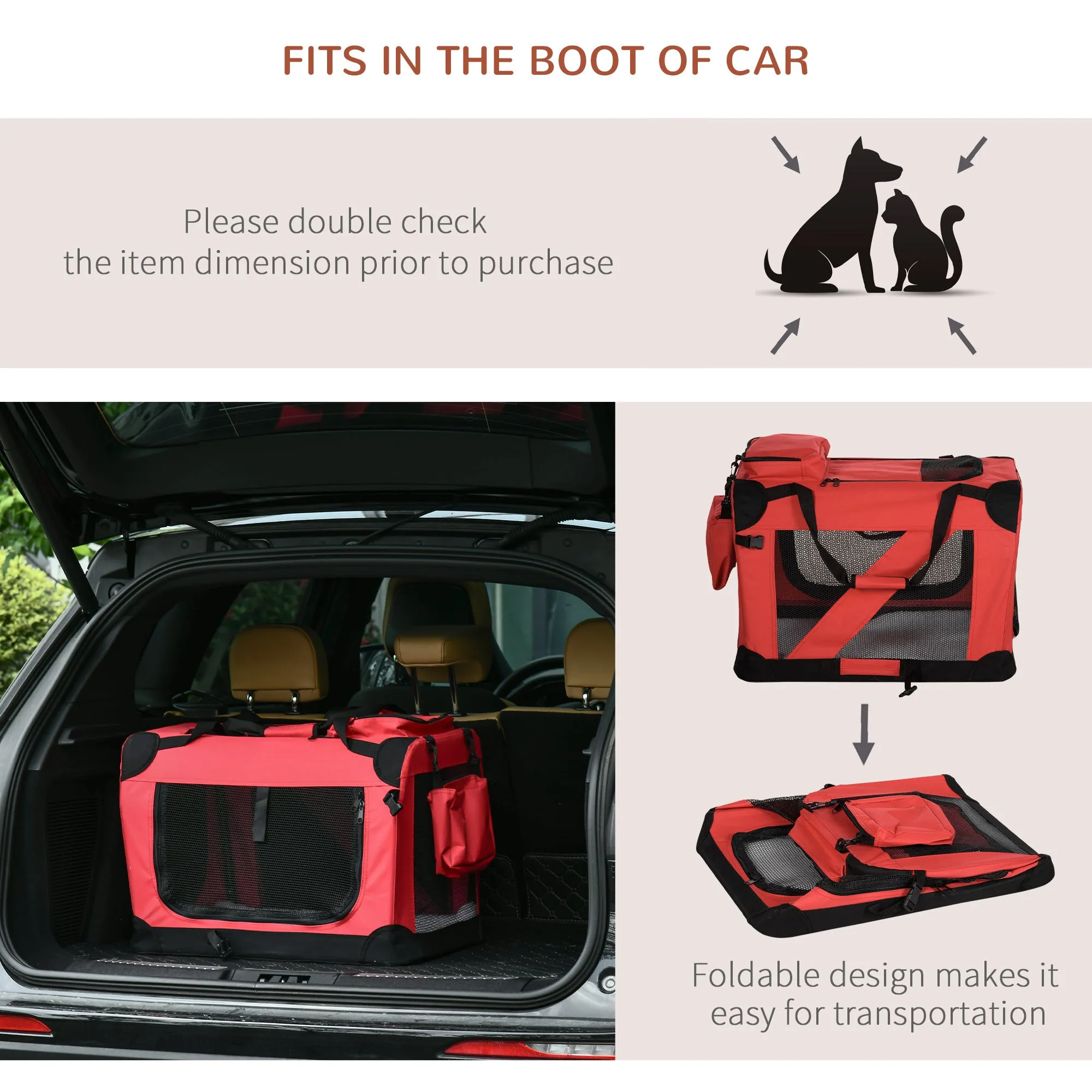 Foldable Pet Carrier for Small and Miniature Dogs, Portable Cat Carrier Soft Side Pet Travel Crate with Removable Mat, Storage Bags, Breathable Mesh Window 60 x 42 x 42cm - Red